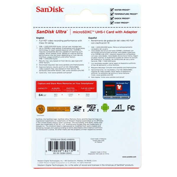 Sandisk SD Ult mSDHCTM UHS I Card with Adpt 64GB - QUA4064GAN6MA