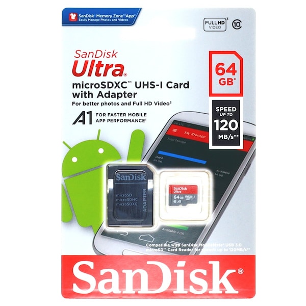 Sandisk SD Ult mSDHCTM UHS I Card with Adpt 64GB - QUA4064GAN6MA