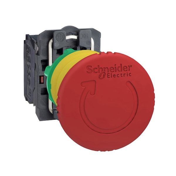 Schneider Electric Paro de emergencia para desconectar, Harmony XB5, plástico, hongo rojo de 40mm, 22mm, giro de bloqueo para liberar, 2NC - XB5AS8444