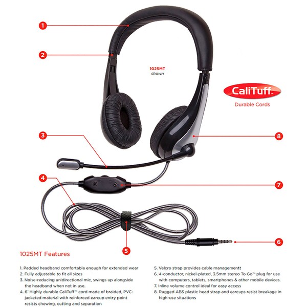 Califone NeoTech Mid-Weight, On-Ear Stereo Headset with Gooseneck Microphone, 3.5mm Plug, Black/Silver - 1025MT