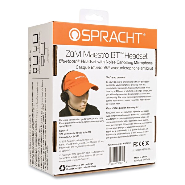 Spracht ZuM Maestro Bluetooth Headset, Monaural, Over-the-Head, Black - HS2050