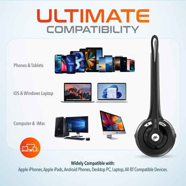 Delton 10X Wireless Bluetooth Headset Over the Head Computer Headphone and Auto-Pairing USB with Mic - DBTHEAD10XBTDL