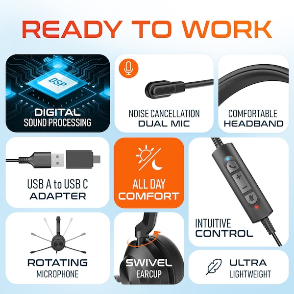 Delton 32Y Dual Microphone USB Headset, Noise Canceling Stereo Headphone w/ USB-A and Type-C - DWH32Y