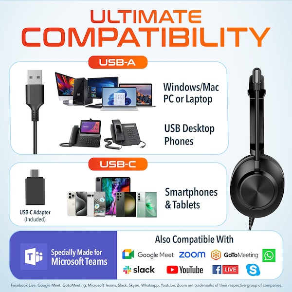 Delton 32Y Dual Microphone USB Headset, Noise Canceling Stereo Headphone w/ USB-A and Type-C - DWH32Y