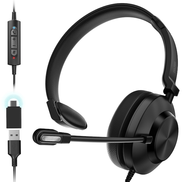 Delton 30Y Professional Wired Mono Computer Headset w/ Dual Noise Canceling Microphone, USB-A USB-C Adapter - DWH30Y