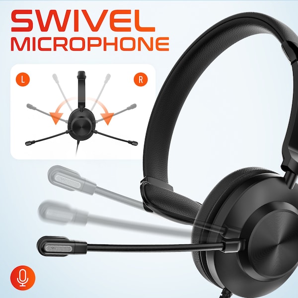 Delton 30Y Professional Wired Mono Computer Headset w/ Dual Noise Canceling Microphone, USB-A USB-C Adapter - DWH30Y