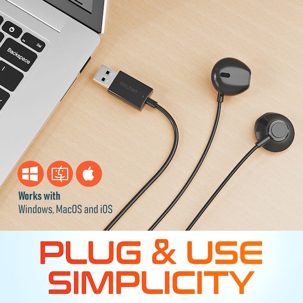 Delton 10E USB A Wired Computer Headset w/ Microphone, 8ft Long Cord Wired Earbuds - DWH10E