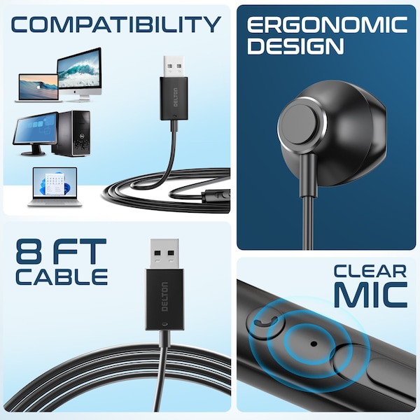 Delton 10E USB A Wired Computer Headset w/ Microphone, 8ft Long Cord Wired Earbuds - DWH10E