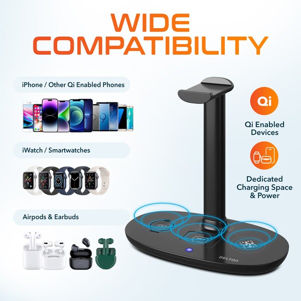 Delton 30X Wireless Computer Headset and Charging Stand Over the Head Bluetooth Headphone Auto Pair USB - DHSWC130XD