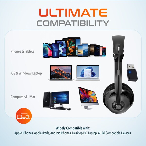 Delton 30X Wireless Computer Headset and Charging Stand Over the Head Bluetooth Headphone Auto Pair USB - DHSWC130XD