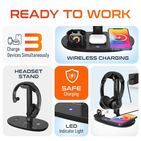 Delton 30X Wireless Computer Headset and Charging Stand Over the Head Bluetooth Headphone Auto Pair USB - DHSWC130XD