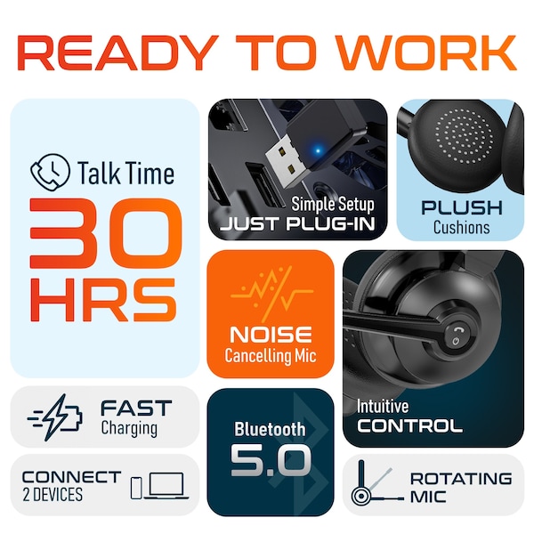 Delton 30X Wireless Computer Headset and Charging Stand Over the Head Bluetooth Headphone Auto Pair USB - DHSWC130XD