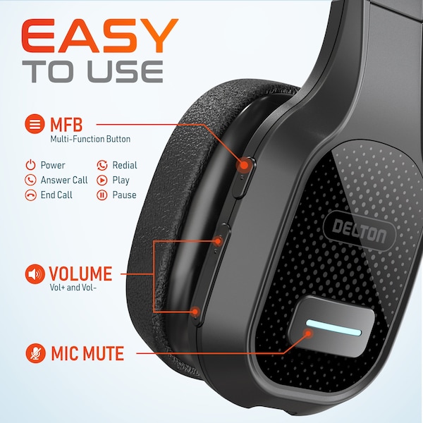 Delton 20X Wireless Computer Headset Bluetooth Headset with Auto-Pair USB with Mic, 30 Hours Talk time - DBTHEAD20XBTDL