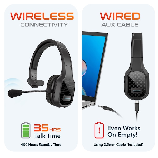 Delton 20X Wireless Computer Headset Bluetooth Headset with Auto-Pair USB with Mic, 30 Hours Talk time - DBTHEAD20XBTDL