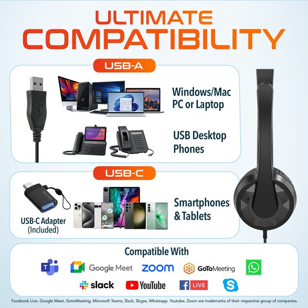 Delton Noise-Canceling Stereo On-Ear Headset, USB Type-A - Black - 12Y