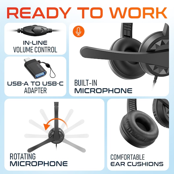Delton Noise-Canceling Stereo On-Ear Headset, USB Type-A - Black - 12Y