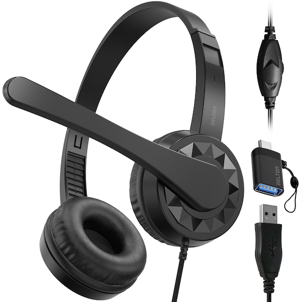 Delton Noise-Canceling Stereo On-Ear Headset, USB Type-A - Black - 12Y