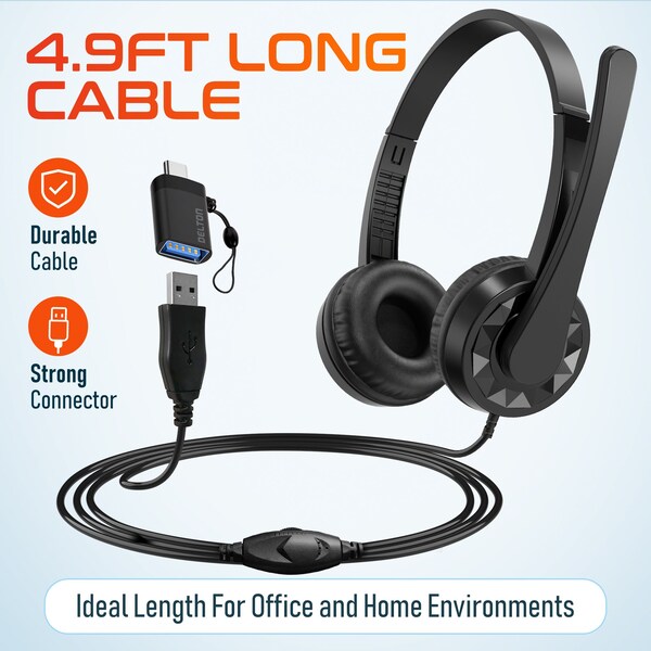 Delton Noise-Canceling Stereo On-Ear Headset, USB Type-A - Black - 12Y