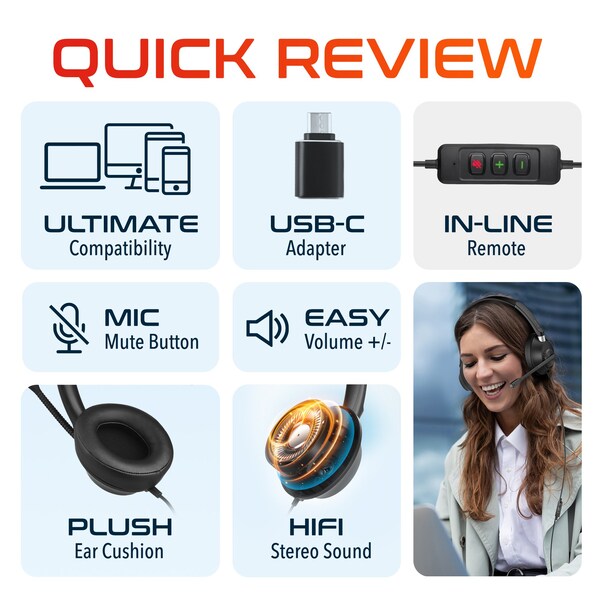 Delton Noise-Canceling Stereo Over-the-Ear Headset with USB Type-A - Black - 42Y