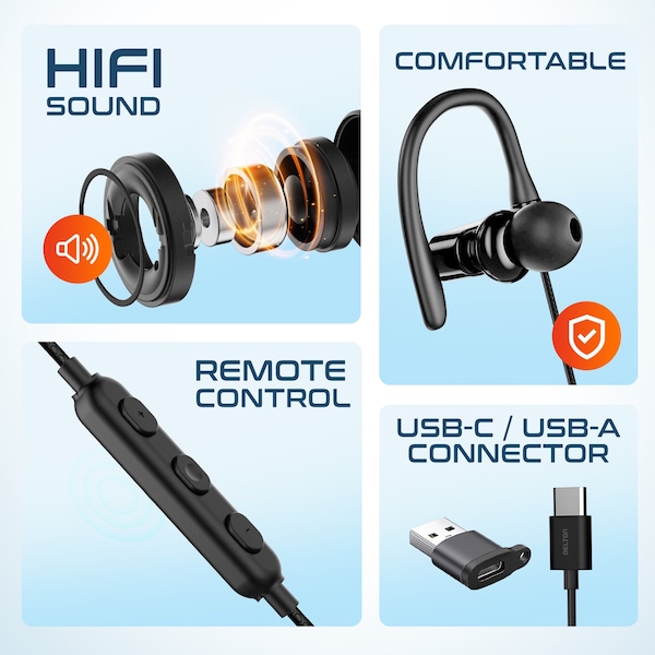Delton Stereo Earbuds with USB Type-A and USB Type-C -Black - 24ECA