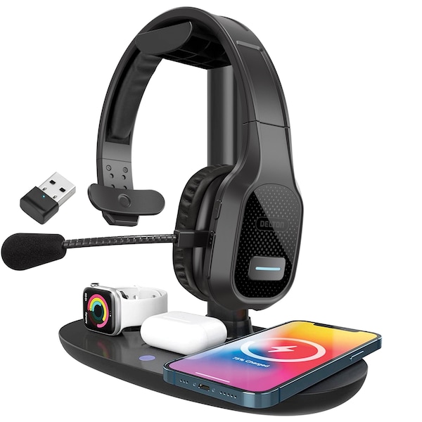 Delton 20X Wireless Computer Headset and Charging Stand Over the Head Bluetooth Headphone Auto Pair USB - DHSWC120XD