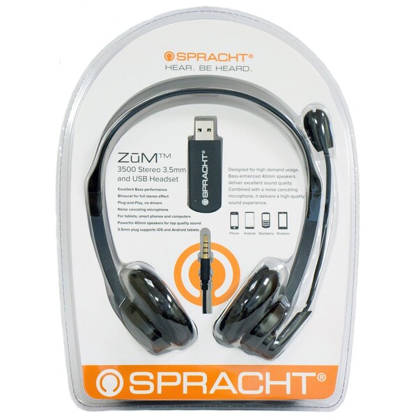 Spracht Binaural Headset, 3.5mm/USB, 9-1/10"Wx4"Lx1-1/2"H, Black - SPTZUM3500