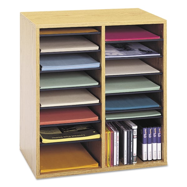 Safco Wood/Laminate Literature/CD Sorter, 16 Section, 19 1/2 x 11 3/4 x 21, Medium Oak - 9422MO