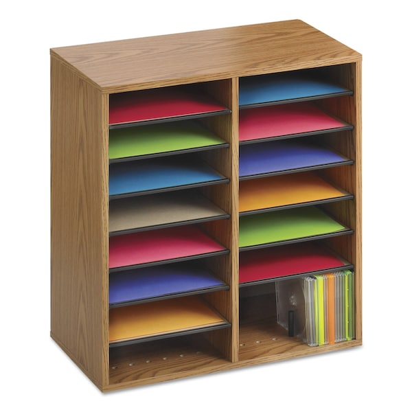 Safco Wood/Laminate Literature/CD Sorter, 16 Section, 19 1/2 x 11 3/4 x 21, Medium Oak - 9422MO