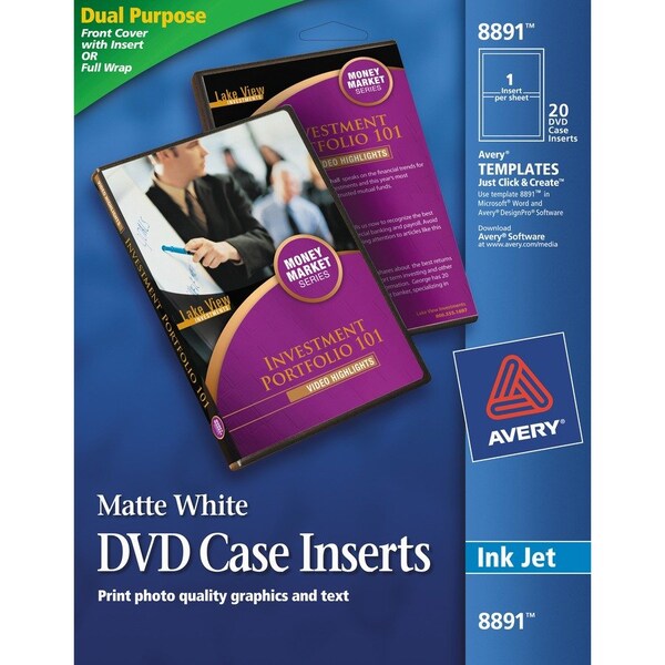 Avery DVD Case Inserts, f/ Inkjet Prnt, Perforated, 20/PK, Matte White 20PK - AVE8891