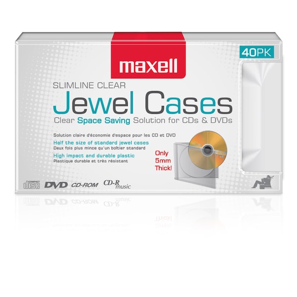 Maxell CD-365 CD/DVD HARD PLASTIC JEWEL CASE, SLIM 5mm CLEAR 40PK - 190074OD