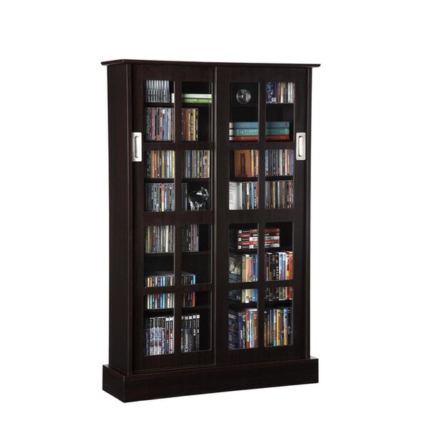 Atlantic Windowpane 576 CD/ 192 DVD Blu-Ray Games Wood Cabinet With Sliding Glass Doors In Espresso - AT25099