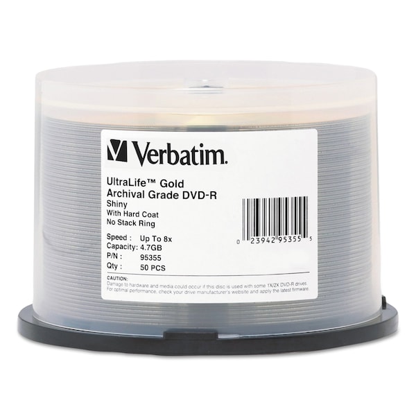 Verbatim UltraLife Gold Archival Grade DVD-R, 4.7 GB, 16x, Spindle, Gold, PK50, 50PK - 95355
