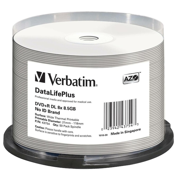 Verbatim Dvd+R Dl 8.5Gb 8X, White Wide Thermal Printable, 50Pk Spindle - 43754