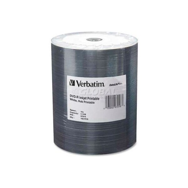 Verbatim Americas Verbatim DVD-R, 16X Speed, 4.7GB, Inkjet Printable, Wrapped, 100/Pk, White - 97016