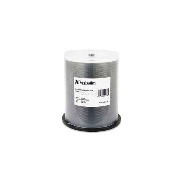 Verbatim Americas Verbatim CD-R Discs, 95256, 52X, 700MB/80Min, Inkjet Printable, Spindle, 100/Pk, Silver - 95256