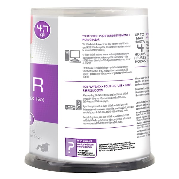 Maxell DVD+R 16X DVD+R WRITE ONCE  4.7GB UP TO 120 MIN RECORDING 100PK SPINDLE, 100PK - 639016