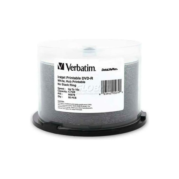 Verbatim Americas Verbatim DVD-R, 16X Speed, 4.7GB, Inkjet/Hub Printable, 50/Pk, White - 95079