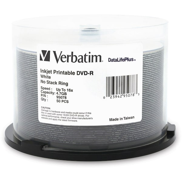Verbatim Dvd-R 4.7Gb 16X Datalifeplus, White Inkjet Printable 50Pk Spindle - 95078