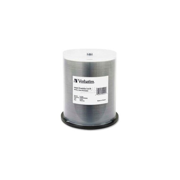 Verbatim Americas Verbatim CD-R Discs, 95252, 52X, 700MB/80Min, Inkjet/Hub Printable, Spindle, 100/Pk, White - 95252