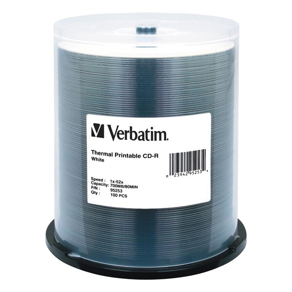 Verbatim CD-R DataLifePlus Printable Recordable Disc, 700 MB/80 min, 52x, Spindle, White, PK100, 100PK - 95253