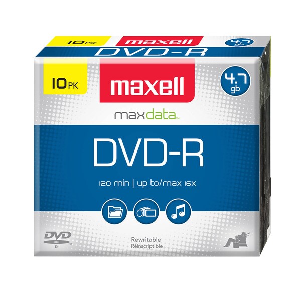 Maxell DVD-R 16X DVD-R WRITE ONCE 4.7GB UP TO 120 MIN RECORDING 10PK SLIM JEWEL CASE, 10PK - 638004