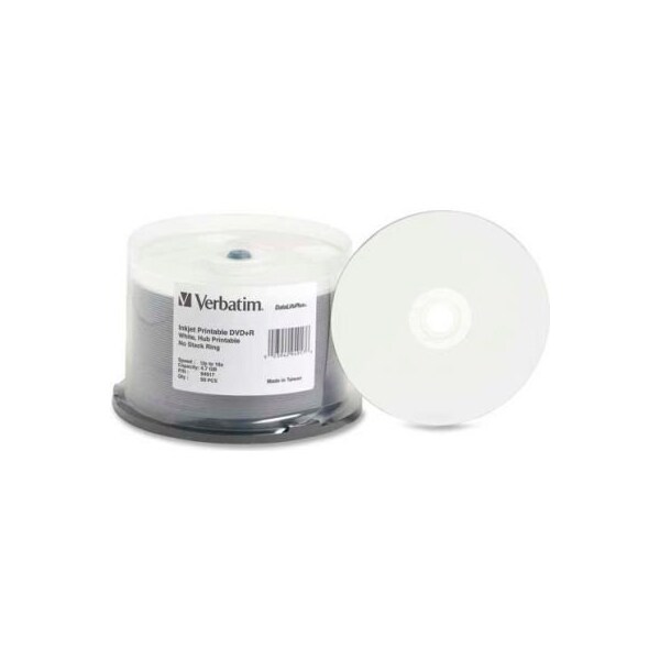 Verbatim Americas Verbatim DVD+R, 94917, 16X Speed, 4.7GB, Inkjet/Hub Printable, 50/Pk - 94917