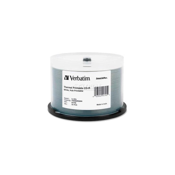 Verbatim Americas Verbatim CD-R Discs, 94795, 52X, 700MB/80Min, Thermal Printable, Spindle, 50/Pk, White - 94795