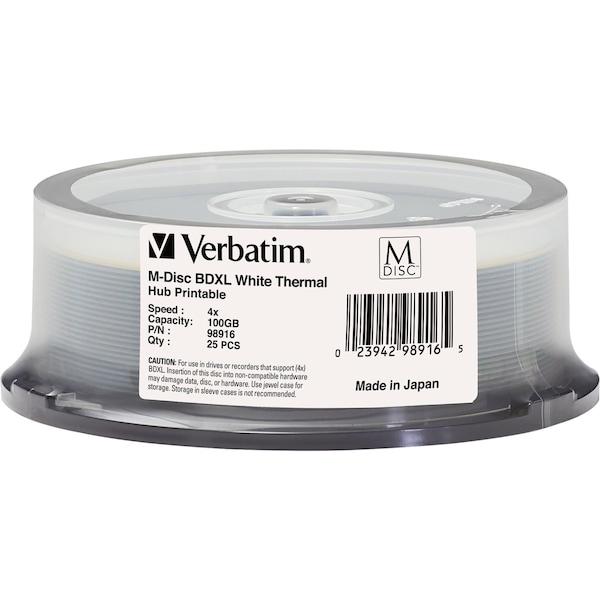 Verbatim M-Disc Bdxl 100Gb 4X White Thermal Printable, Hub Printable-25Pk, PK25 - 98916