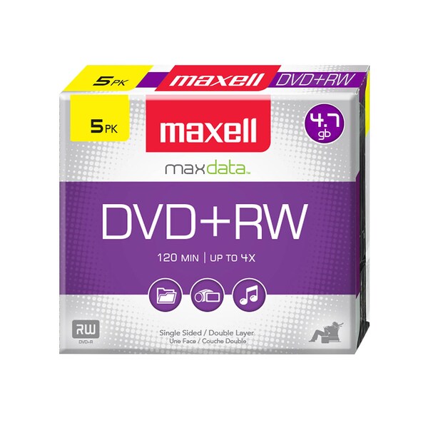 Maxell DVD+RW 4X REWRITABLE 4.7GB UP TO 120 MIN RECORDING 5PK JEWEL CASE, 5PK - 634045