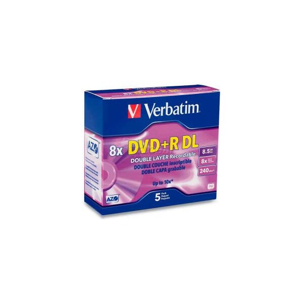 Verbatim Americas Verbatim DVD+R, 95311, 8X Speed, 8.5GB, W/Jewel Case, Double Layer, Branded, 5/Pk - 95311