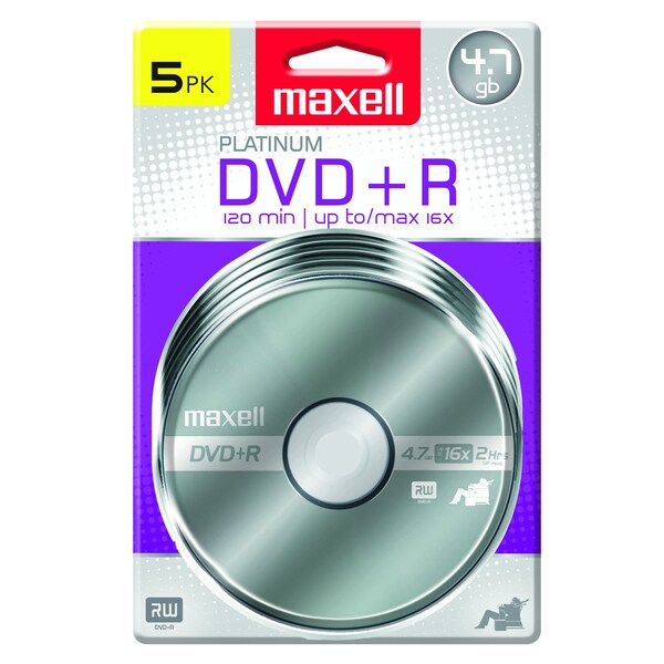 Maxell DVD+ R16X MLA WRITE ONCE 4.7GB UP TO 120 MIN RECORDING 5PK HANGING, 5PK - 639031