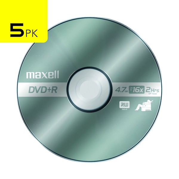 Maxell DVD+ R16X MLA WRITE ONCE 4.7GB UP TO 120 MIN RECORDING 5PK HANGING, 5PK - 639031