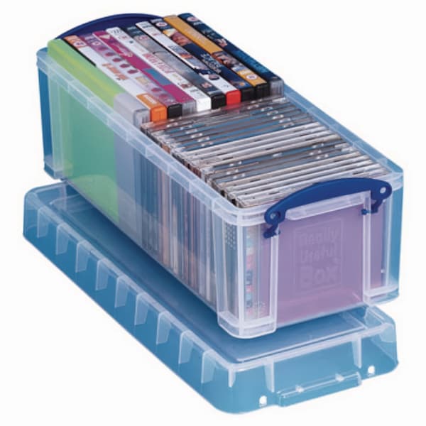 Really Useful Box Snap-Lid CD/DVD Storage Bin, 1.72 gal, 7.13" x 17.25" x 6.25", Clear/Blue - 6.5C