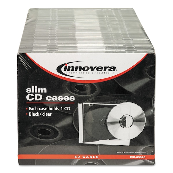 Innovera CD/DVD Slim Jewel Cases, Clear/Black, PK50 - IVR85826